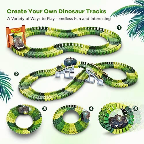 Dinosaur Toys,156pcs Create A Dinosaur World Road Race,Flexible Track Playset and 2 pcs Cool Dinosaur car for 3 4 5 6 Year & Up Old boy Girls Best Gift