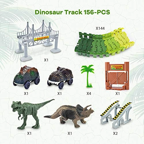 Dinosaur Toys,156pcs Create A Dinosaur World Road Race,Flexible Track Playset and 2 pcs Cool Dinosaur car for 3 4 5 6 Year & Up Old boy Girls Best Gift