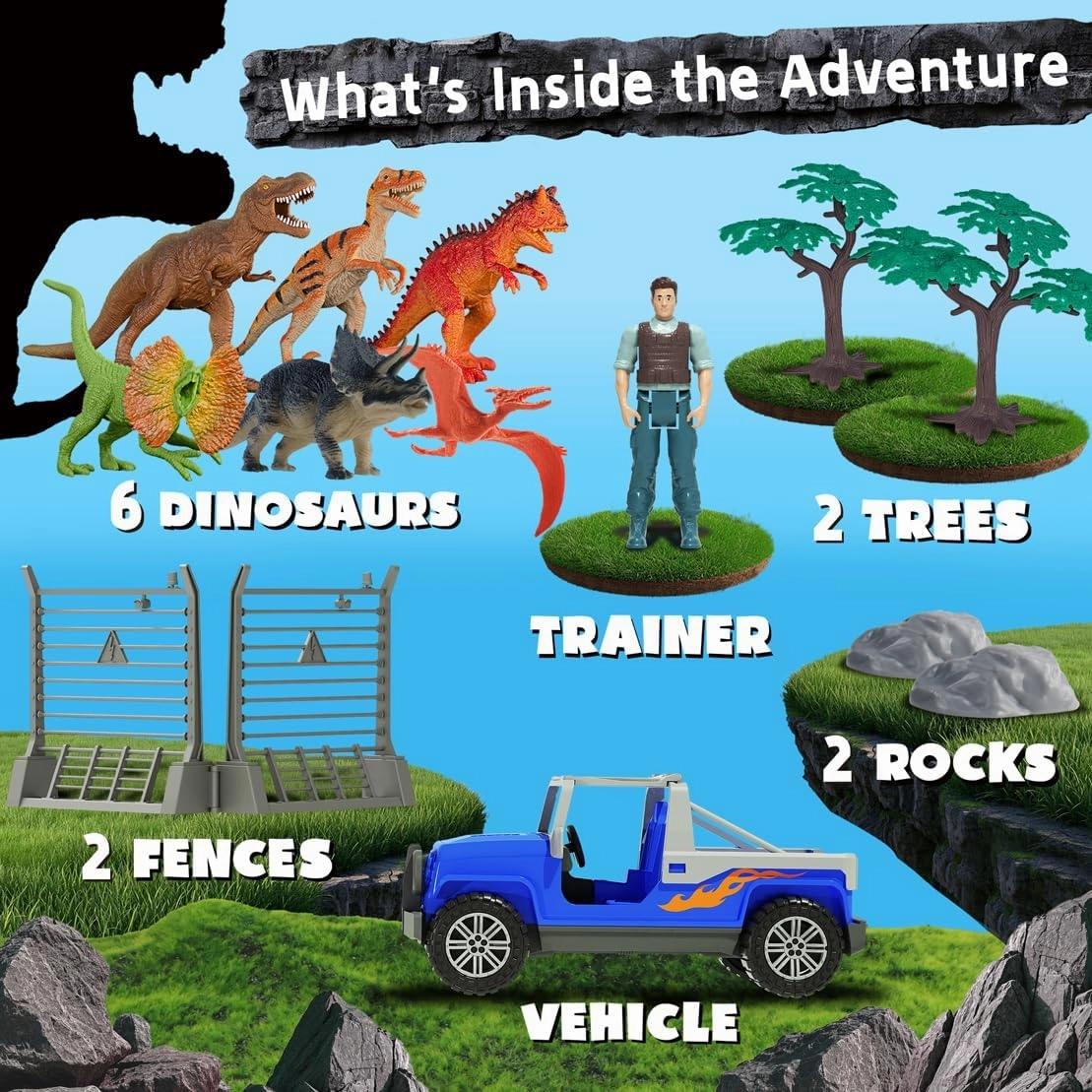 Dinosaur Toys for Kids 3-5 Dino Park World Play Set, 6 Dinosaur Figures with Toy Car, Trees and Accessories, Dino Toy for Kids Boys Girls 5-7 Easter Christmas Birthday Party Favor Gift