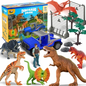 Dinosaur Toys for Kids 3-5 Dino Park World Play Set, 6 Dinosaur Figures with Toy Car, Trees and Accessories, Dino Toy for Kids Boys Girls 5-7 Easter Christmas Birthday Party Favor Gift