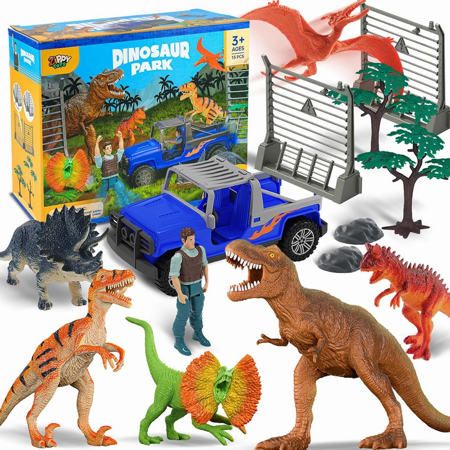 Dinosaur Toys for Kids 3-5 Dino Park World Play Set, 6 Dinosaur Figures with Toy Car, Trees and Accessories, Dino Toy for Kids Boys Girls 5-7 Easter Christmas Birthday Party Favor Gift