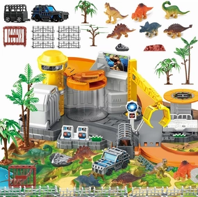 Dinosaur Toys Playset, Vehicles Construction Track Set with Map, Realistic Dinosaurs Figures, Parking Barrier, Crane & Cars, Educational STEM Learning for Kids Ages 3-12, (ASTM Certified)