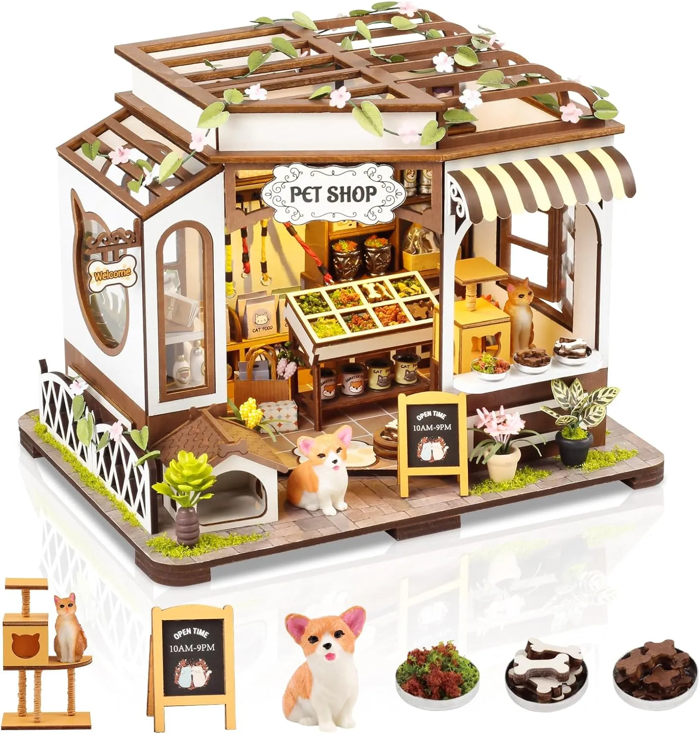 DIY Miniature House Kit,Pet Shop Dollhouse with Furniture & LED,Adults Teens Mini Diorama House Building Kit,3D Wooden Crafts Tiny House Model,Xmas Birthday Gifts Home Table Decor,Fun for Self Time