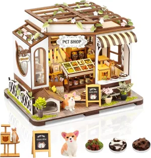 DIY Miniature House Kit,Pet Shop Dollhouse with Furniture & LED,Adults Teens Mini Diorama House Building Kit,3D Wooden Crafts Tiny House Model,Xmas Birthday Gifts Home Table Decor,Fun for Self Time