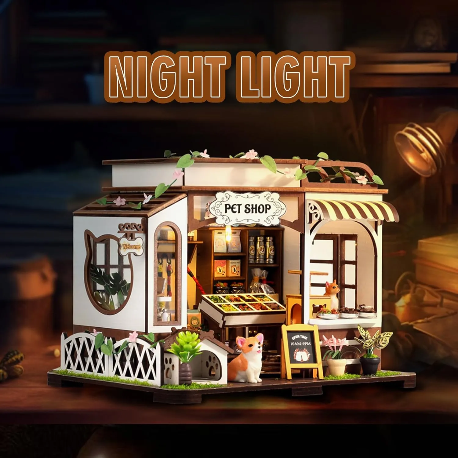 DIY Miniature House Kit,Pet Shop Dollhouse with Furniture & LED,Adults Teens Mini Diorama House Building Kit,3D Wooden Crafts Tiny House Model,Xmas Birthday Gifts Home Table Decor,Fun for Self Time