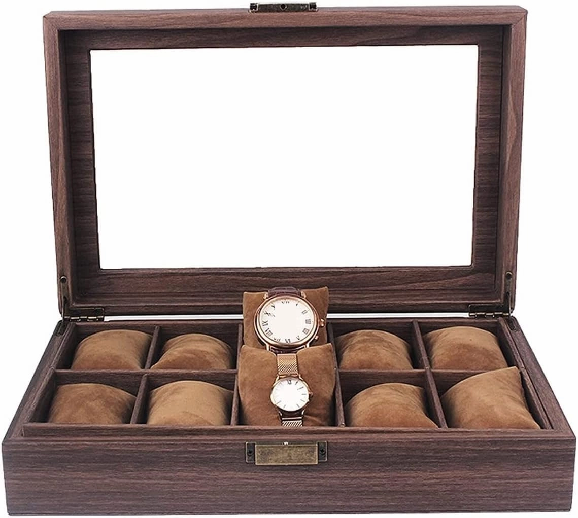DNCG Watch Case Watch Roll Watch Organizer Display Vintage Wood Grain PU Leather 10 Grids Watch Box Organizer Lockable Display Case Watch Box Watch Winder, 33*21.5*8.5cm, Brown