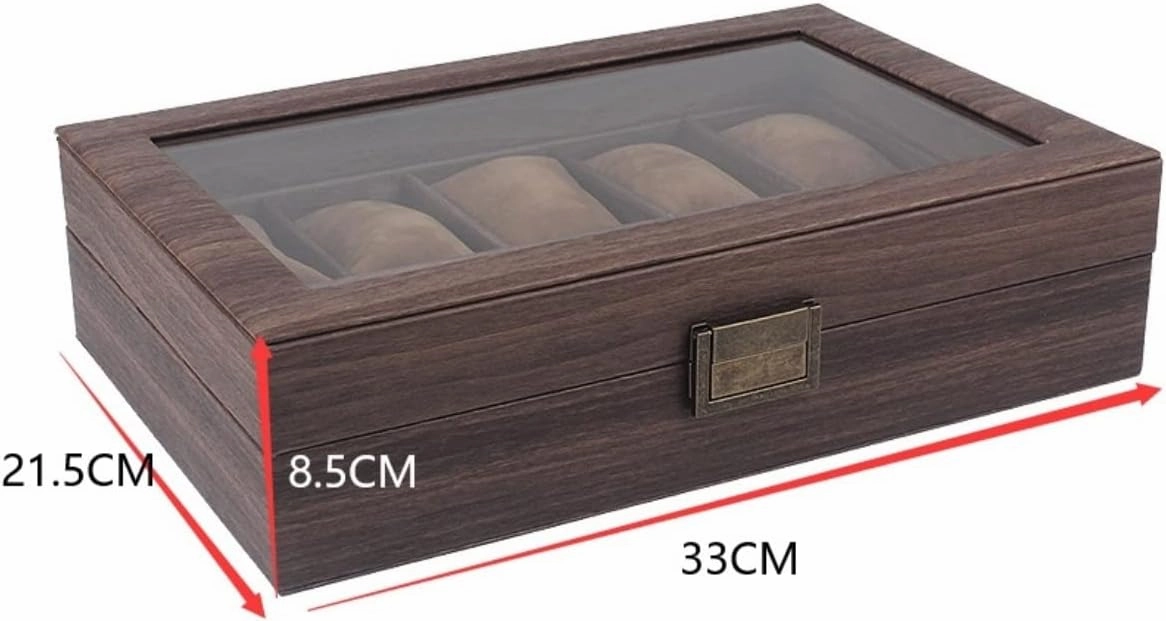DNCG Watch Case Watch Roll Watch Organizer Display Vintage Wood Grain PU Leather 10 Grids Watch Box Organizer Lockable Display Case Watch Box Watch Winder, 33*21.5*8.5cm, Brown