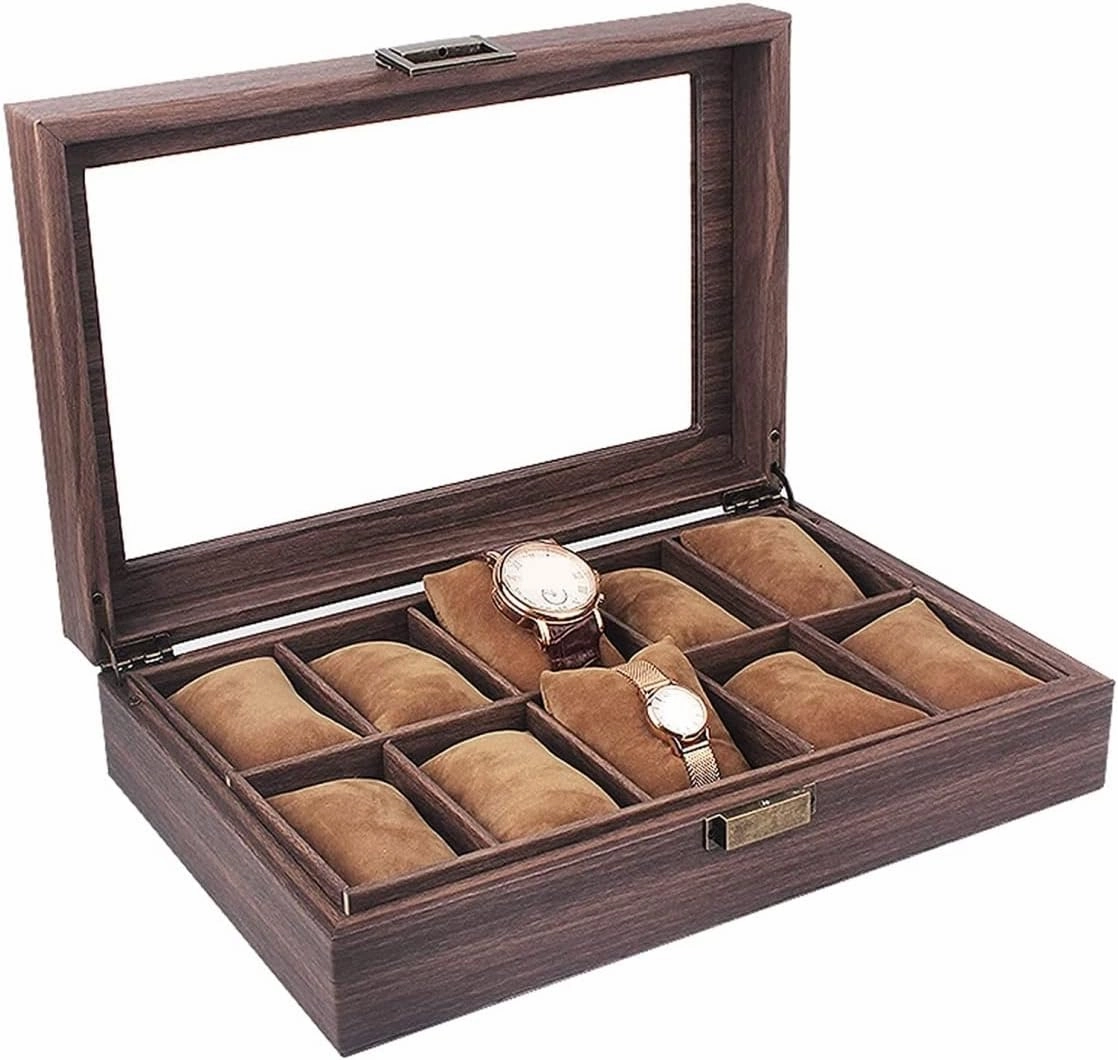 DNCG Watch Case Watch Roll Watch Organizer Display Vintage Wood Grain PU Leather 10 Grids Watch Box Organizer Lockable Display Case Watch Box Watch Winder, 33*21.5*8.5cm, Brown