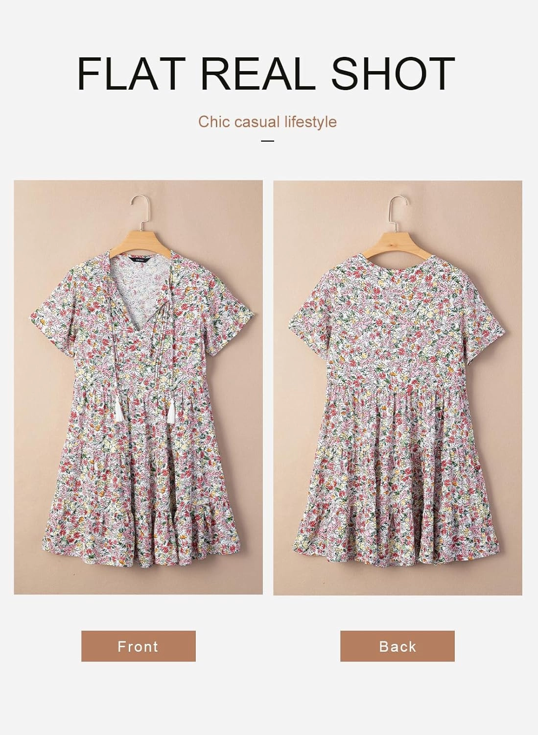 Dokotoo Womens Summer Casual Boho Floral Dresses V Neck Short Sleeve Sundresses Flowy Swing A-Line Mini Dress