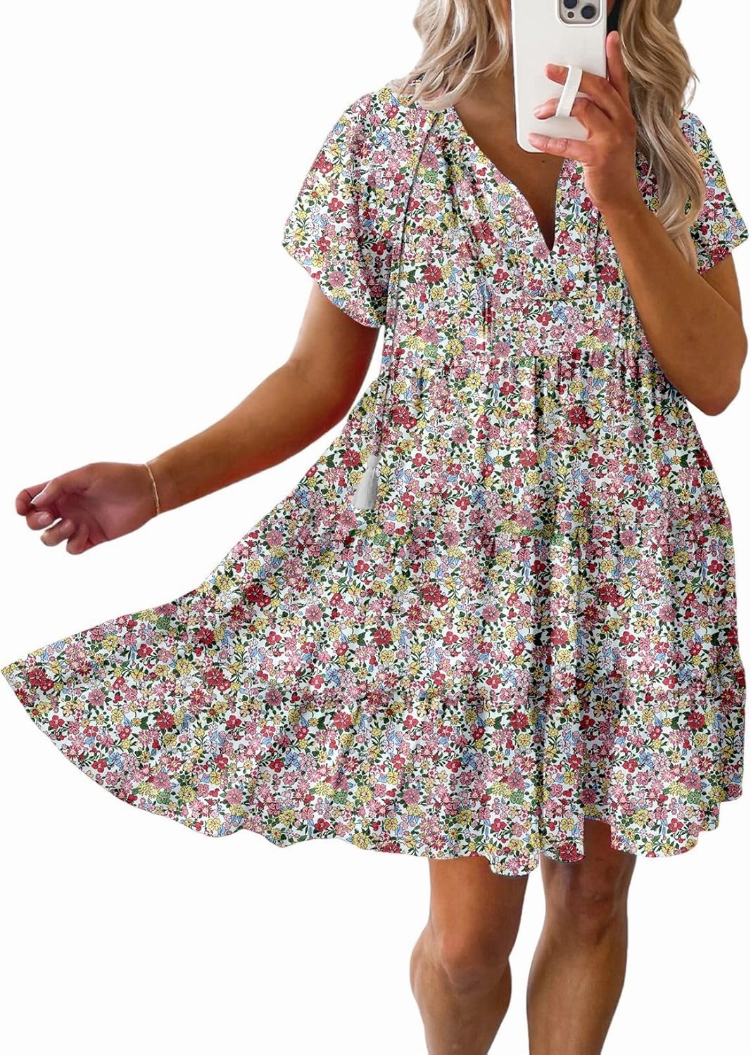 Dokotoo Womens Summer Casual Boho Floral Dresses V Neck Short Sleeve Sundresses Flowy Swing A-Line Mini Dress