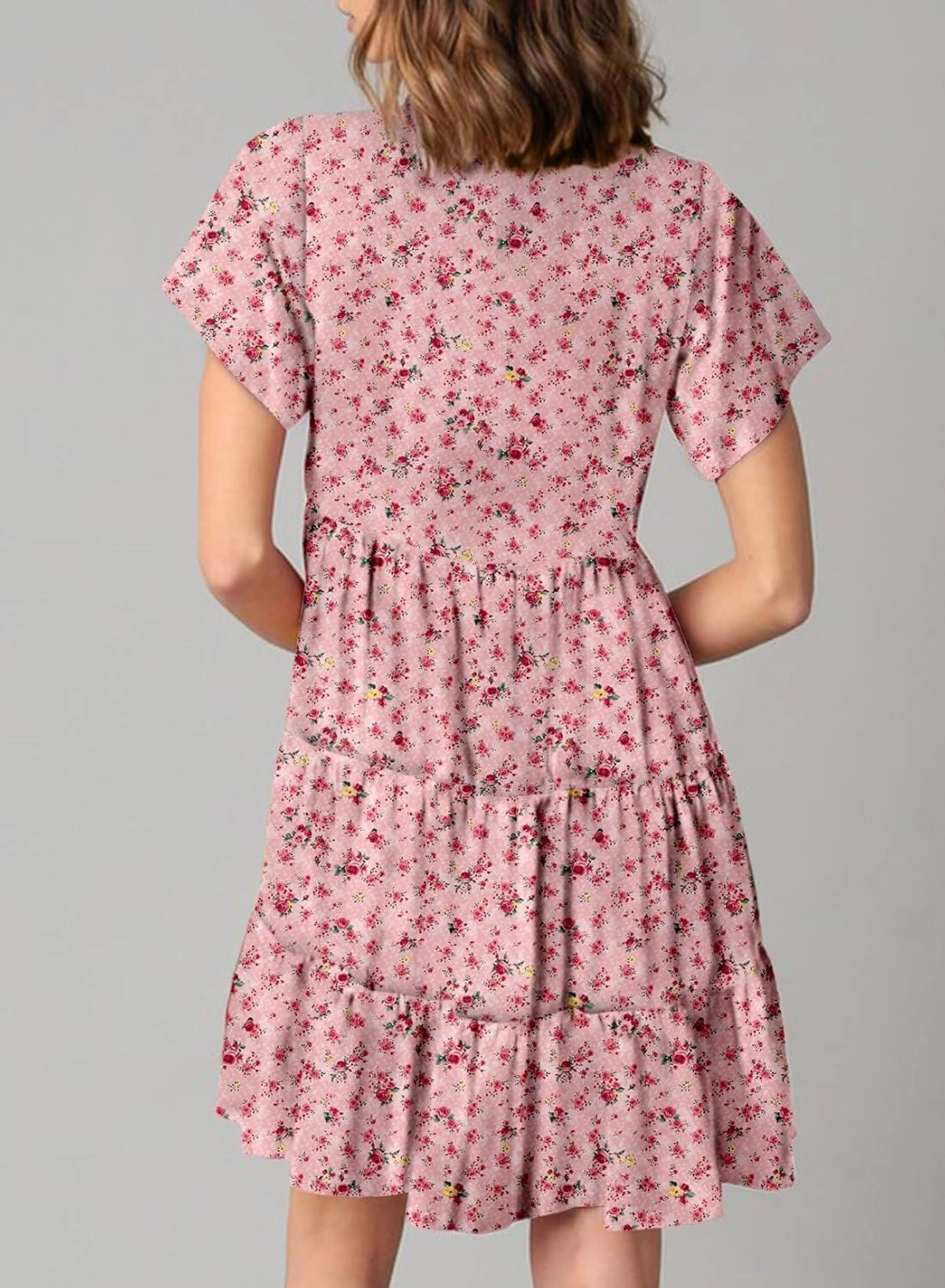Dokotoo Womens Summer Casual Boho Floral Dresses V Neck Short Sleeve Sundresses Flowy Swing A-Line Mini Dress