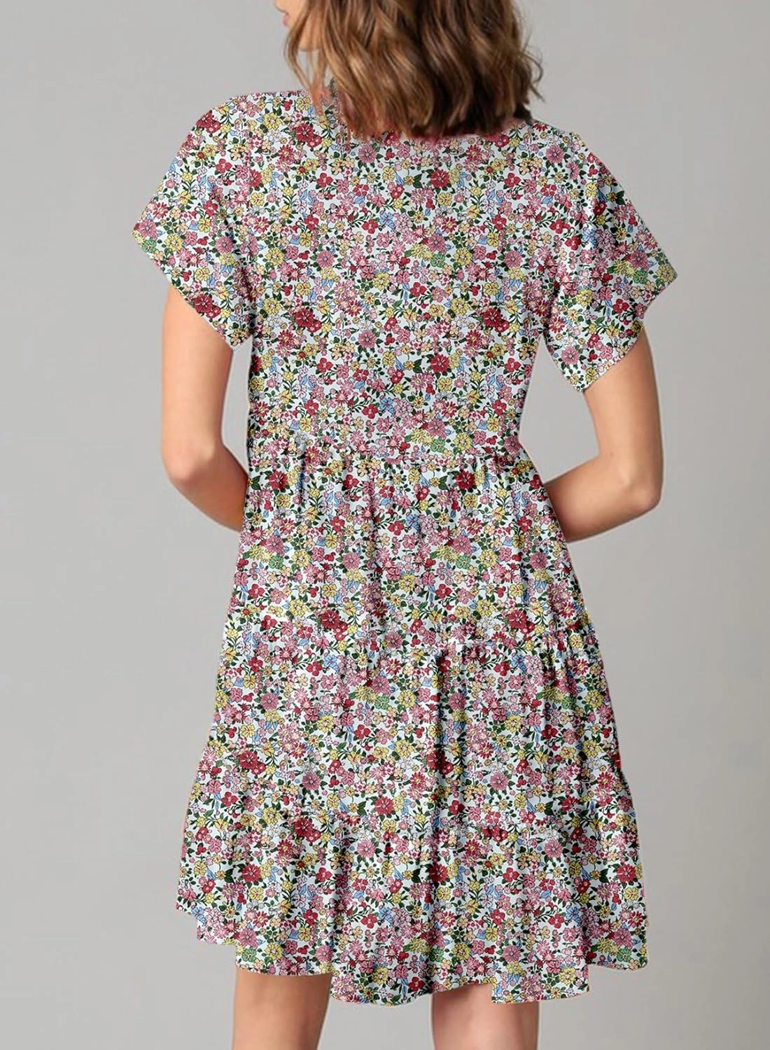 Dokotoo Womens Summer Casual Boho Floral Dresses V Neck Short Sleeve Sundresses Flowy Swing A-Line Mini Dress