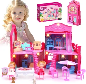 Doll House, with 4 Rooms, 2 Dolls, Toy Furniture Accessories, Pet Play Area，Slide Dollhouse Dlayset, Dollapsible Portable Playhouse with Lights for Little Girls