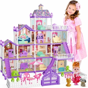 Doll House for Girls ,13 Rooms Doll House with Dolls Figure, Puppies ,Furnitures, Accessories, LED Light, Toddler Playhouse Gift for for 3 4 5 6 7 8 9 10 Year Old Girls Toys ( Purple)