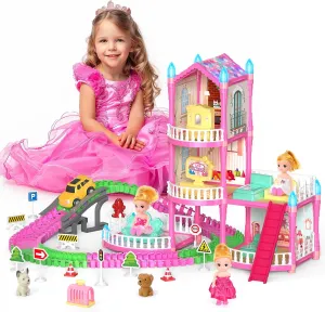 Dolls House for Girls, Doll Girls Houses with Track Car Toys, Dolls, Pets, Car, Furniture and Accessories, Pink Dream Princess Castle Playset Toy Gifts for Toddler Girls Ages 3 4 5 6 7 8 