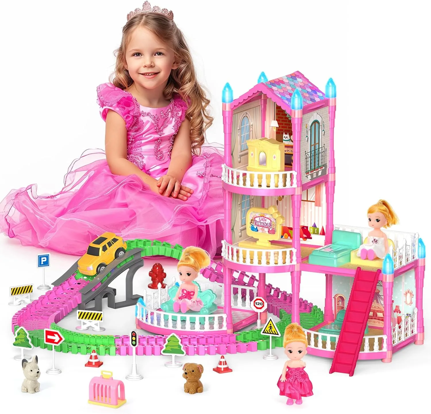 Dolls House for Girls, Doll Girls Houses with Track Car Toys, Dolls, Pets, Car, Furniture and Accessories, Pink Dream Princess Castle Playset Toy Gifts for Toddler Girls Ages 3 4 5 6 7 8 