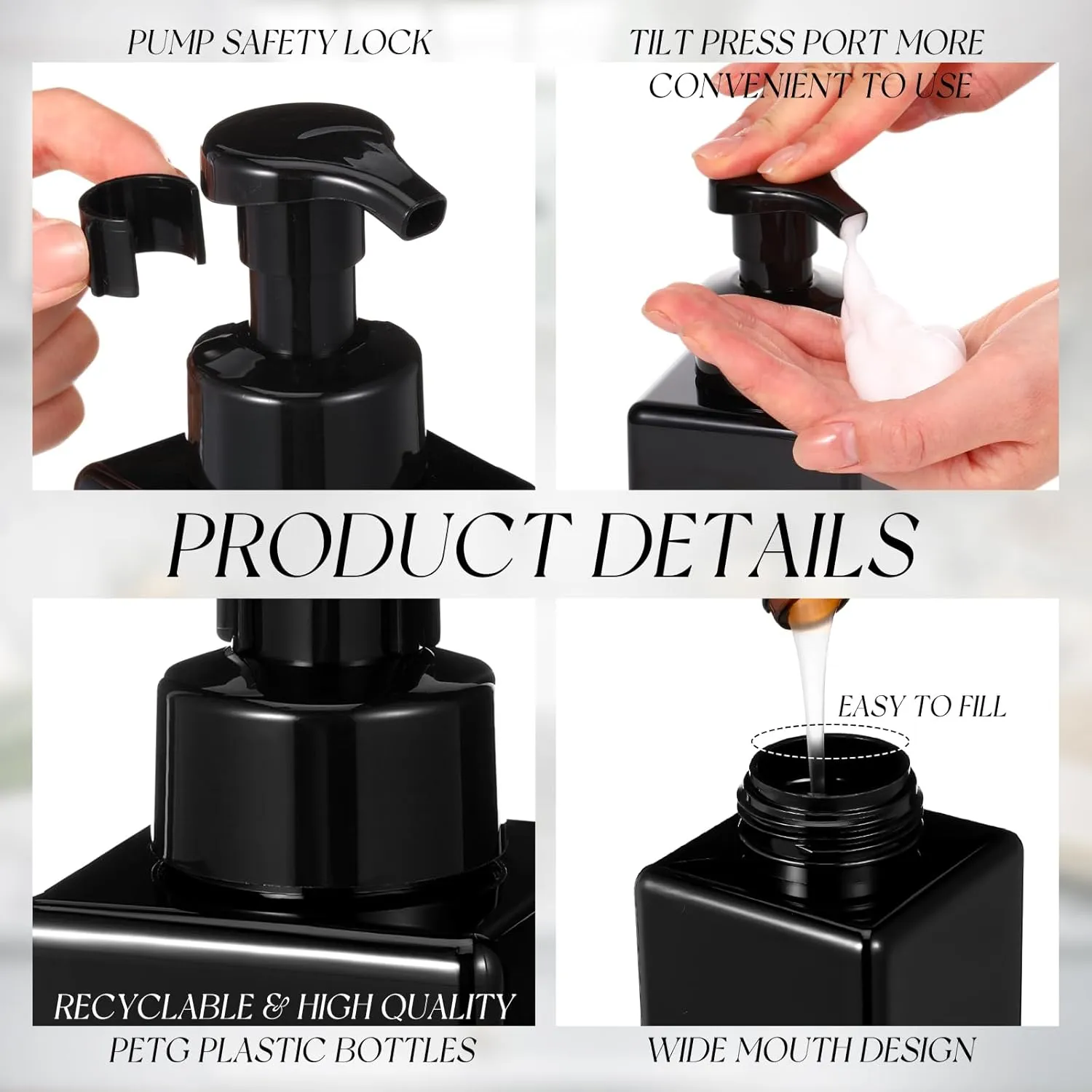 Domensi 24 Pcs Foam Pump Bottle Foaming Soap Dispenser Empty Travel Foaming Dispenser 8.5 oz Refillable Hand Soap Plastic Pump Bottle Travel Clear Container for Bathroom Vanities (Whole Black)