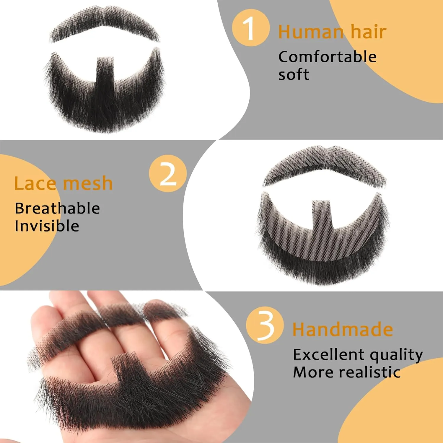doremi Fake Beard Fake Goatee Realistic Beard Fake Goatee 100% Human Hair Beard with Adhesive Lace Beard for Christmas Halloween Cosplay Party