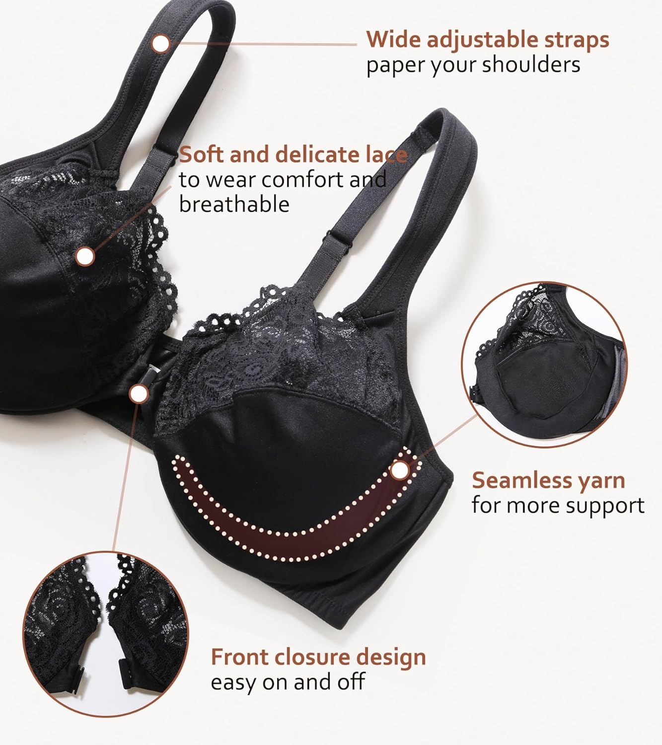 DotVol Women's Plus Size Front Closure U-Back Underwire Wide Strap Everyday Bra