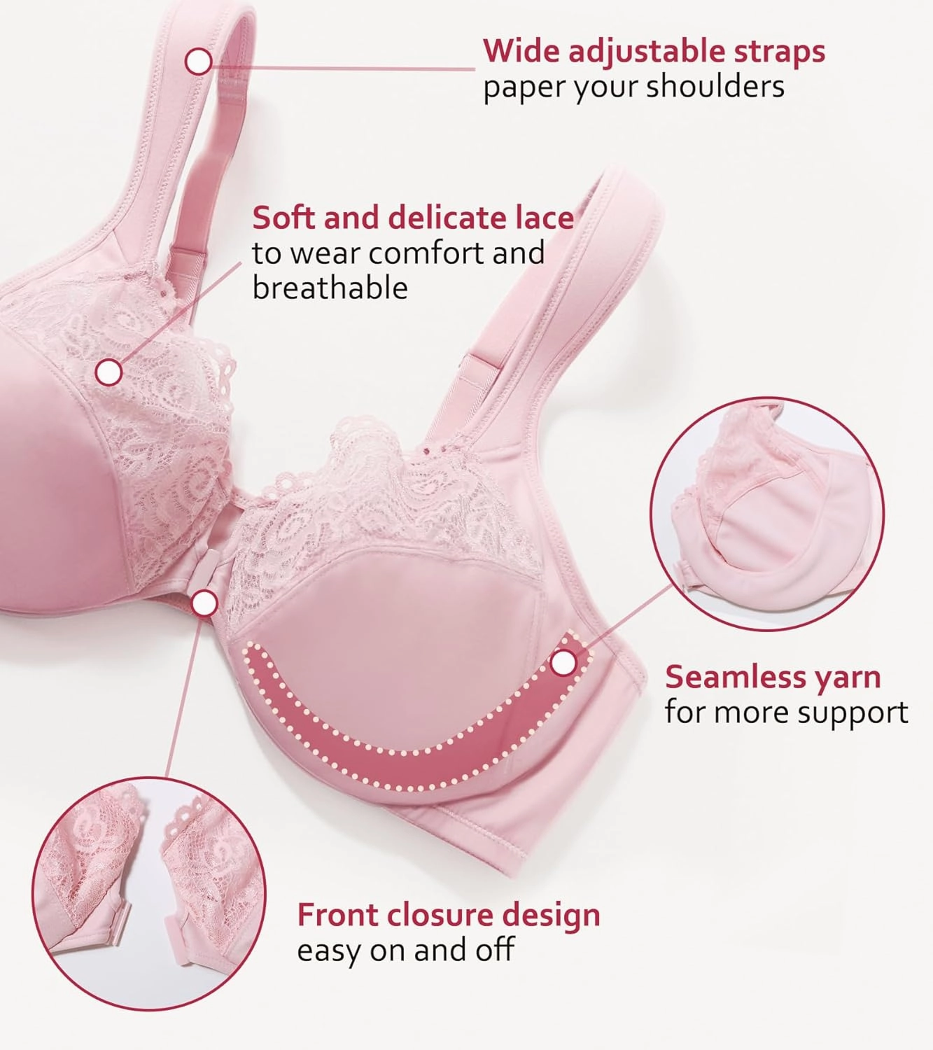 DotVol Women's Plus Size Front Closure U-Back Underwire Wide Strap Everyday Bra
