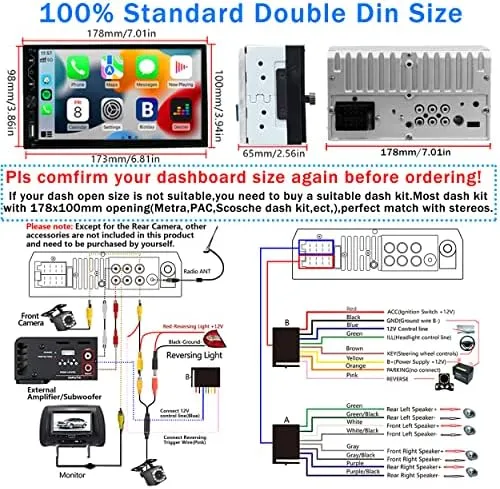 Double Din Car Stereo with Wireless Carplay,Wireless Android Auto,7 inch Touch Screen Radio with Backup Camera,Bluetooth Car Audio Receiver,Mirror Link,SWC,FM/USB/AUX/Subwoofer