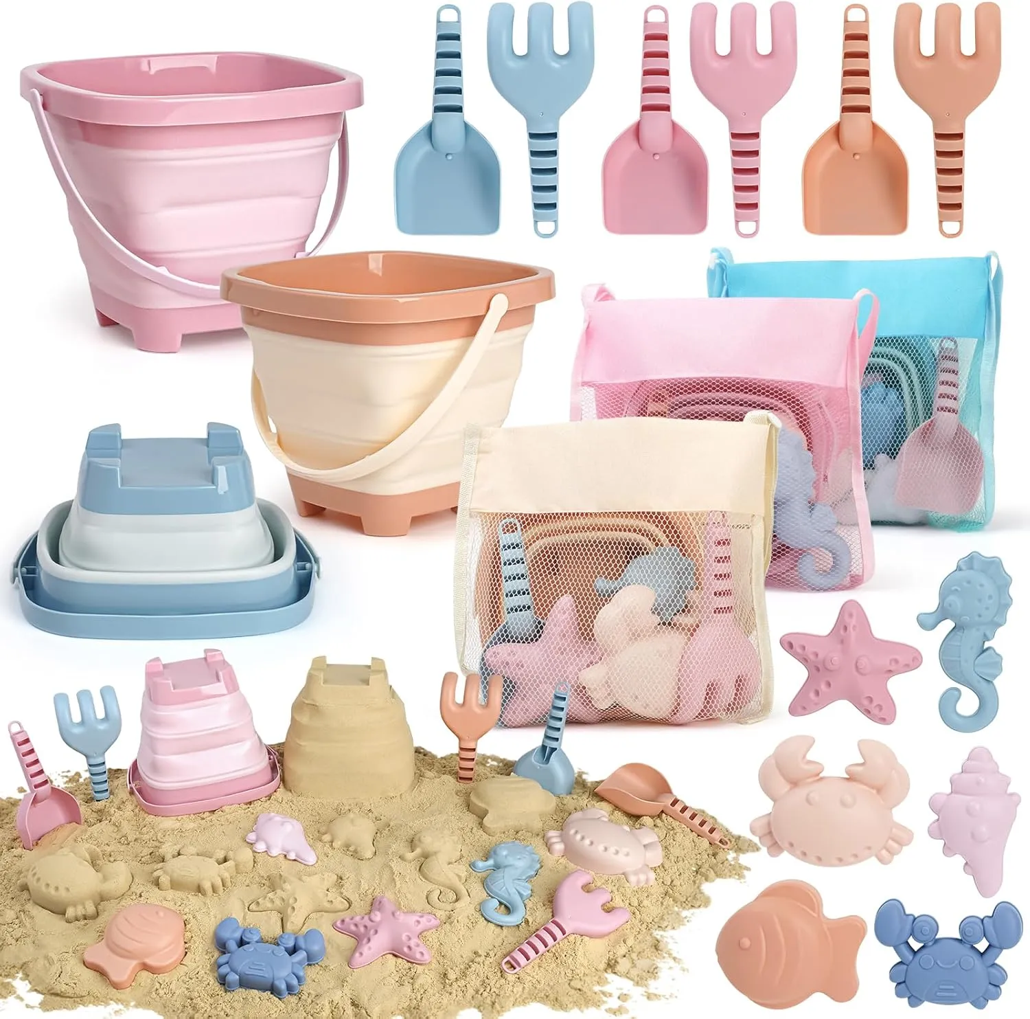 Dreamon Beach Toys Set for Kids 3-10, Collapsible Sand Buckets with Beach Molds and Mesh Bag, 3 Pack Shovels Set Sand Toys for Beach, Sandbox Travel Toys for Toddlers Kids