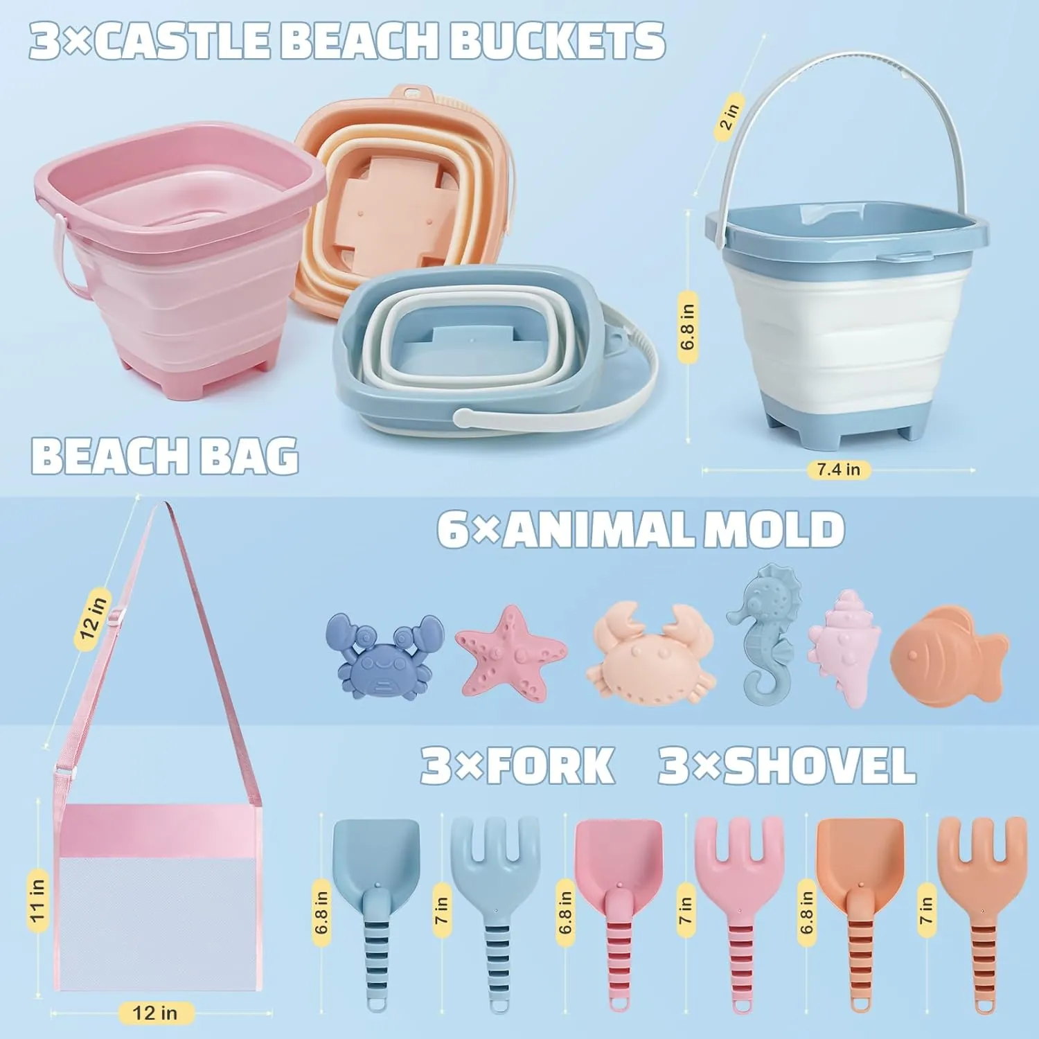 Dreamon Beach Toys Set for Kids 3-10, Collapsible Sand Buckets with Beach Molds and Mesh Bag, 3 Pack Shovels Set Sand Toys for Beach, Sandbox Travel Toys for Toddlers Kids
