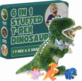 DreamsBe Dinosaur Stuffed Animal T-Rex and 5 Little Dinos for Boys & Girls - Plush Stuffie with Zippered Pocket Eating Dinosaurs Gift Ages 3 4 6 7 8 9 Years