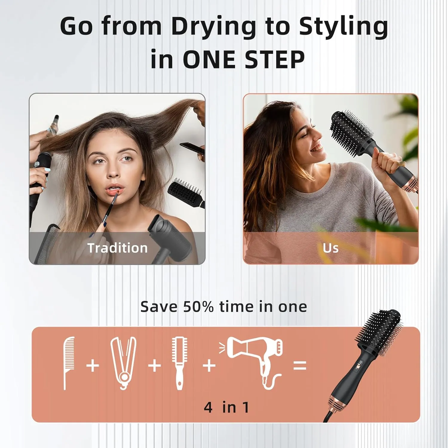 Dryer Brush 4-in-1 Ionic Ceramic Titanium Hot Air Styler: Straightening, Volumizing, and Frizz-Reducing Brush for All Hair Types (Black)