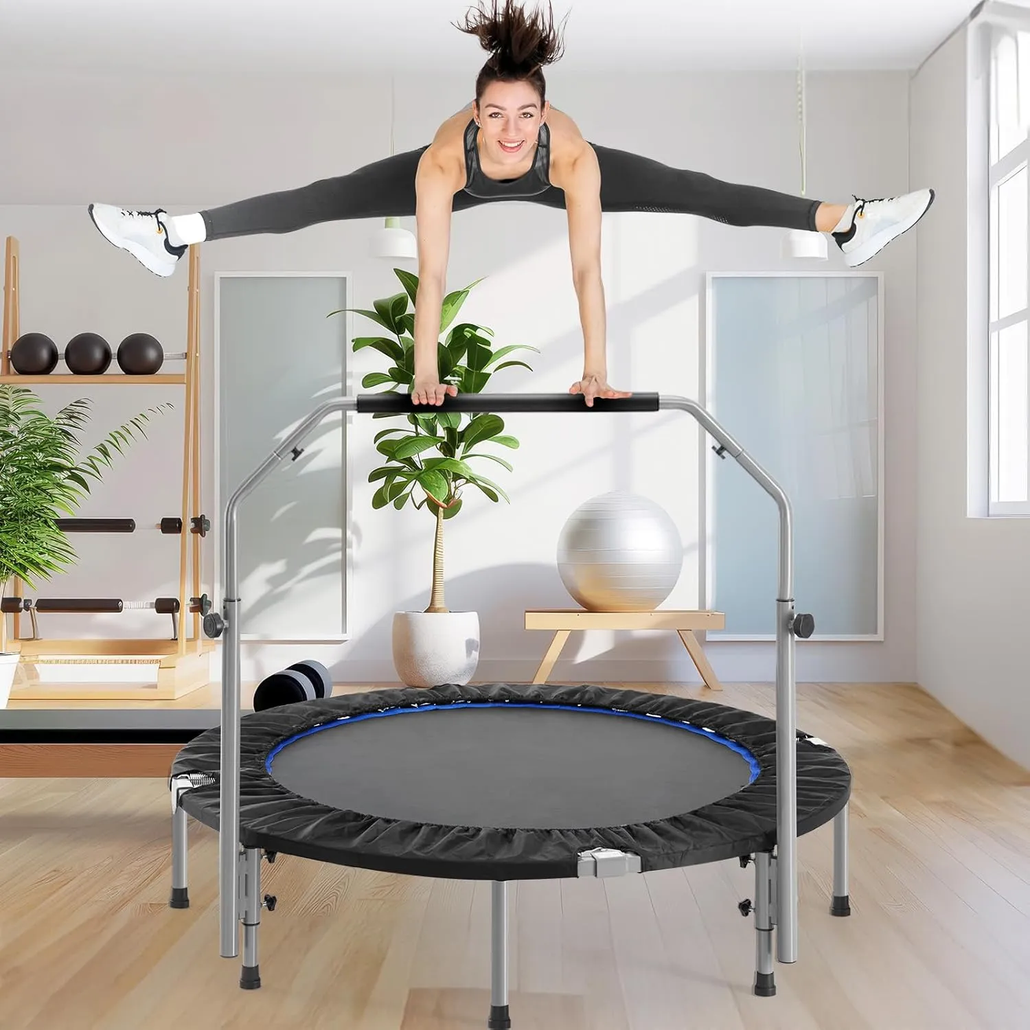 DUMOS 40/48" Foldable Mini Trampoline for Adults, Rebounder Trampoline with Adjustable Bar, Indoor/Outdoor Use, Max Load 330lbs
