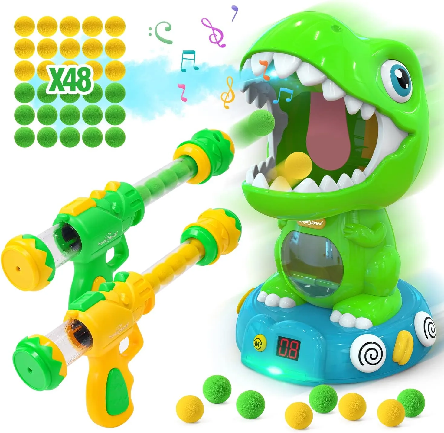 EagleStone Movable Dinosaur Shooting Toys for Kids 5-7 with Spraying, Electronic Target Game Toy with 2 Pump Guns, 48 Foam Balls, Party Favor Christmas Toys with Score Record, Sound