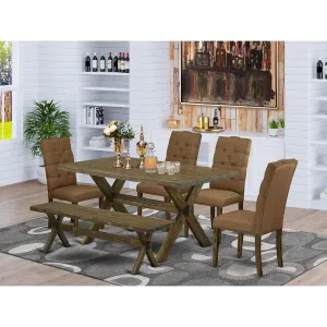 East West Furniture X776EL718-6 6 Piece Dinette Set Contains a Rectangle Dining Table with X-Legs and 4 Brown Linen Linen Fabric Parson Chairs with a Bench, 36x60 Inch, Multi-Color
