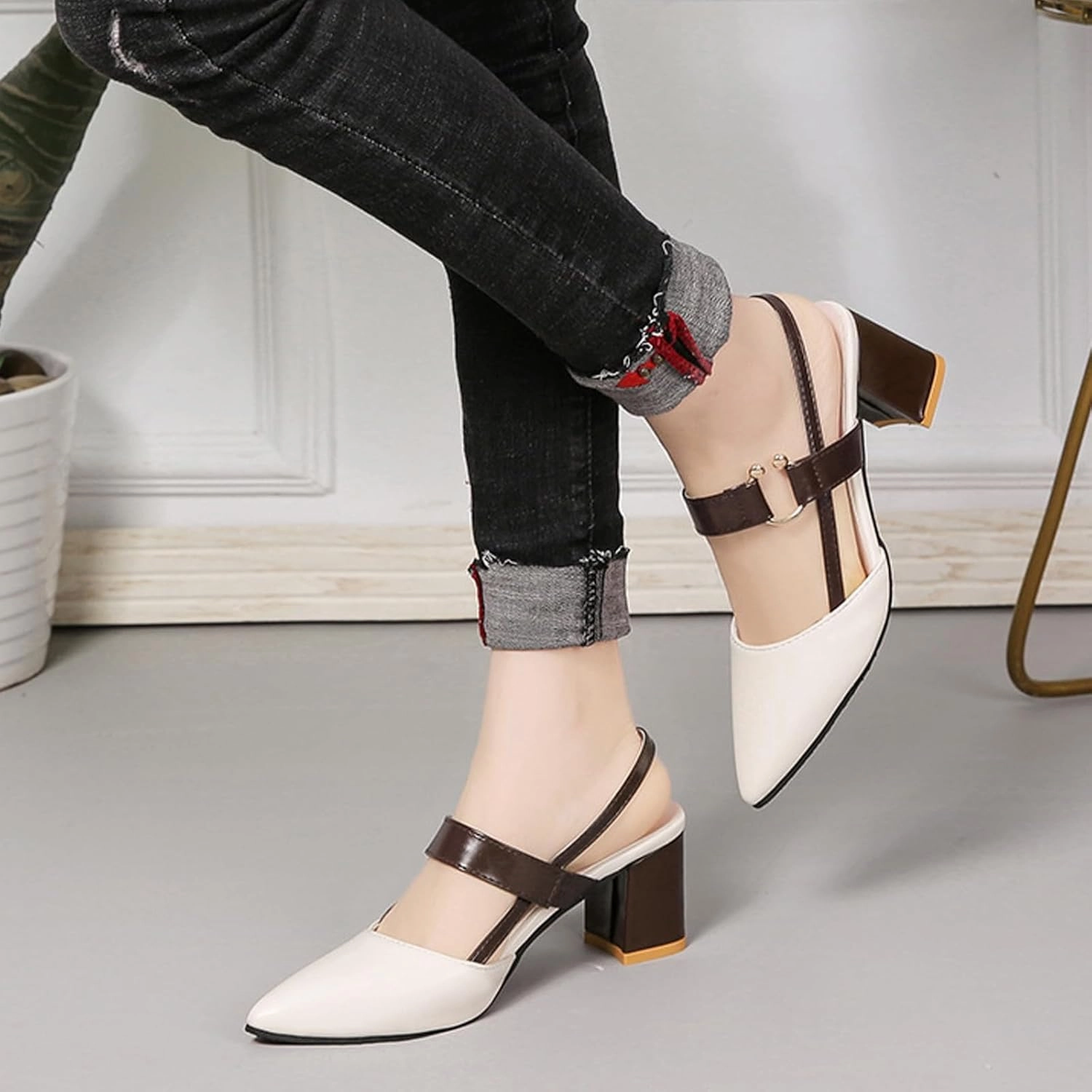 EFTCAL Women's Pointed Toe Closed Toe Chunky Heels Pumps,Comfortable Strap Slingback Party Dress Shoes
