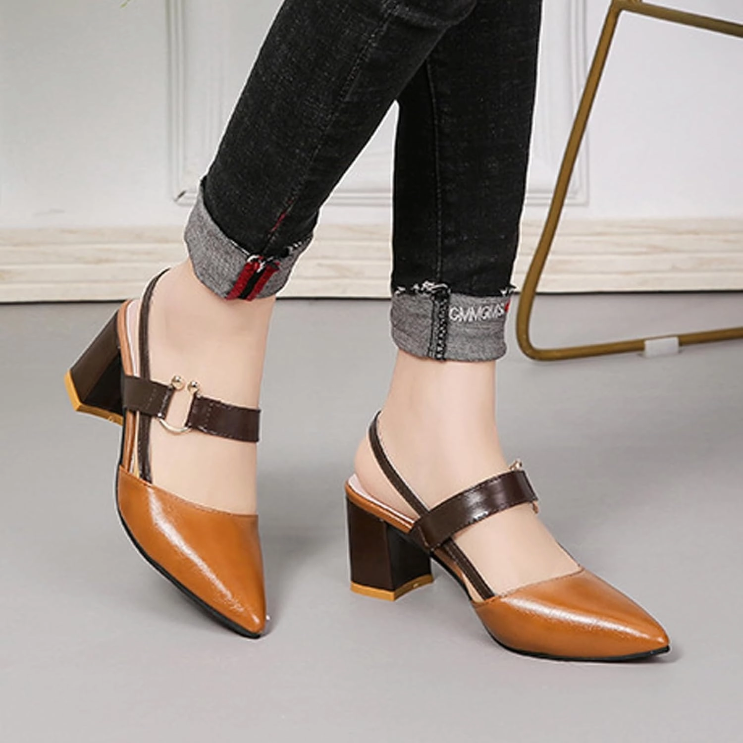 EFTCAL Women's Pointed Toe Closed Toe Chunky Heels Pumps,Comfortable Strap Slingback Party Dress Shoes