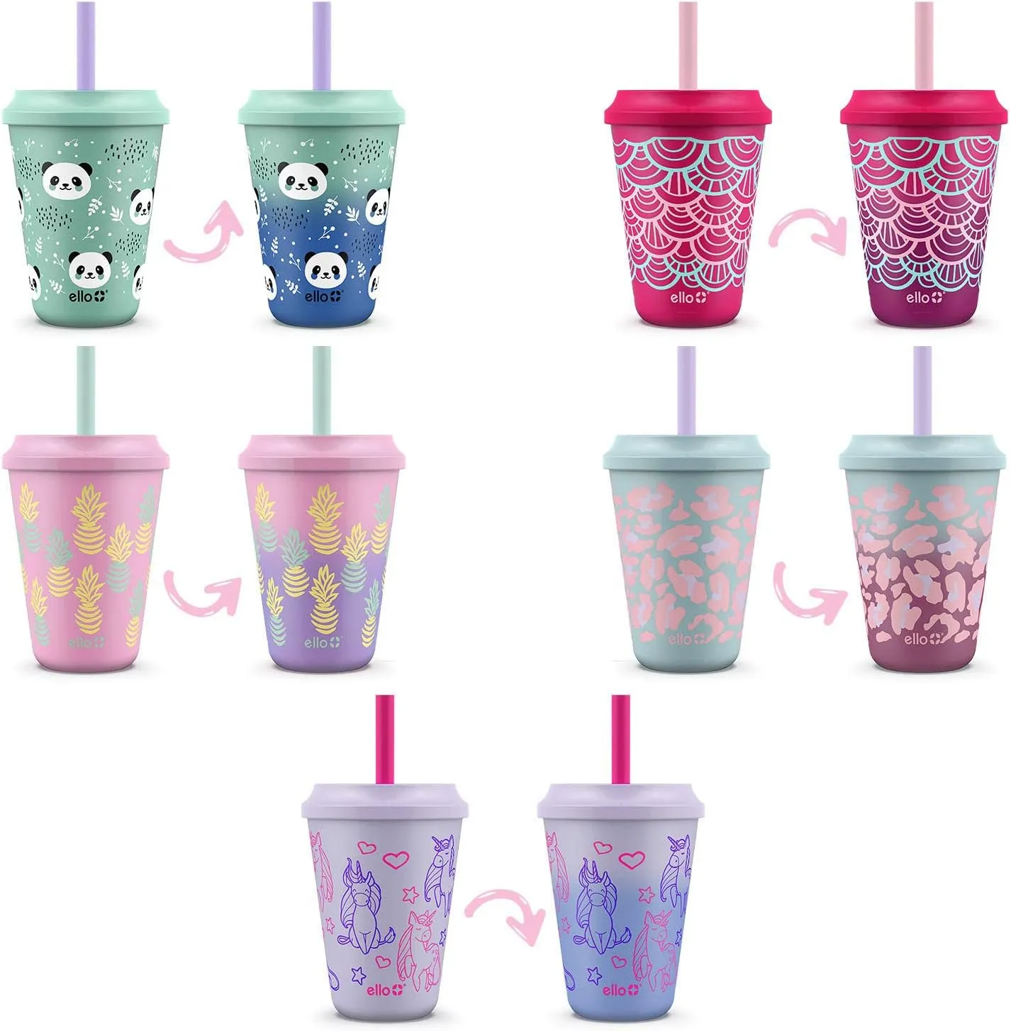 Ello Kids Plastic Reusable Color Changing Cups with Twist on Splash-Proof Lids and Straw, BPA Free, Dishwasher Safe, 12oz, Fruit Pop, 10 Pack