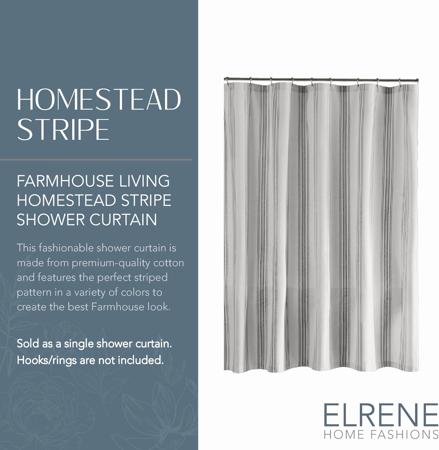 Elrene Home Fashions Farmhouse Living Homestead Stripe Fabric Shower Curtain, 72.00" x 72.00", Black