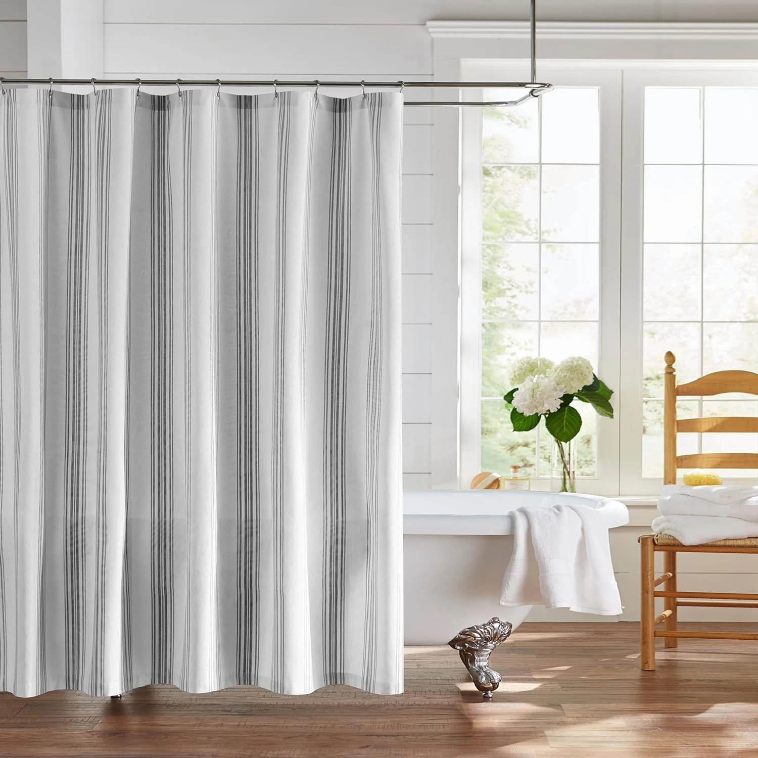 Elrene Home Fashions Farmhouse Living Homestead Stripe Fabric Shower Curtain, 72.00" x 72.00", Black