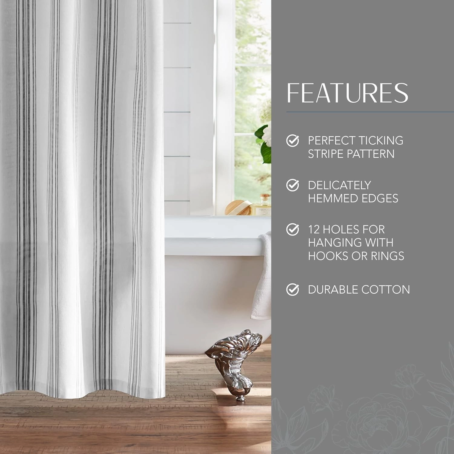Elrene Home Fashions Farmhouse Living Homestead Stripe Fabric Shower Curtain, 72.00" x 72.00", Black