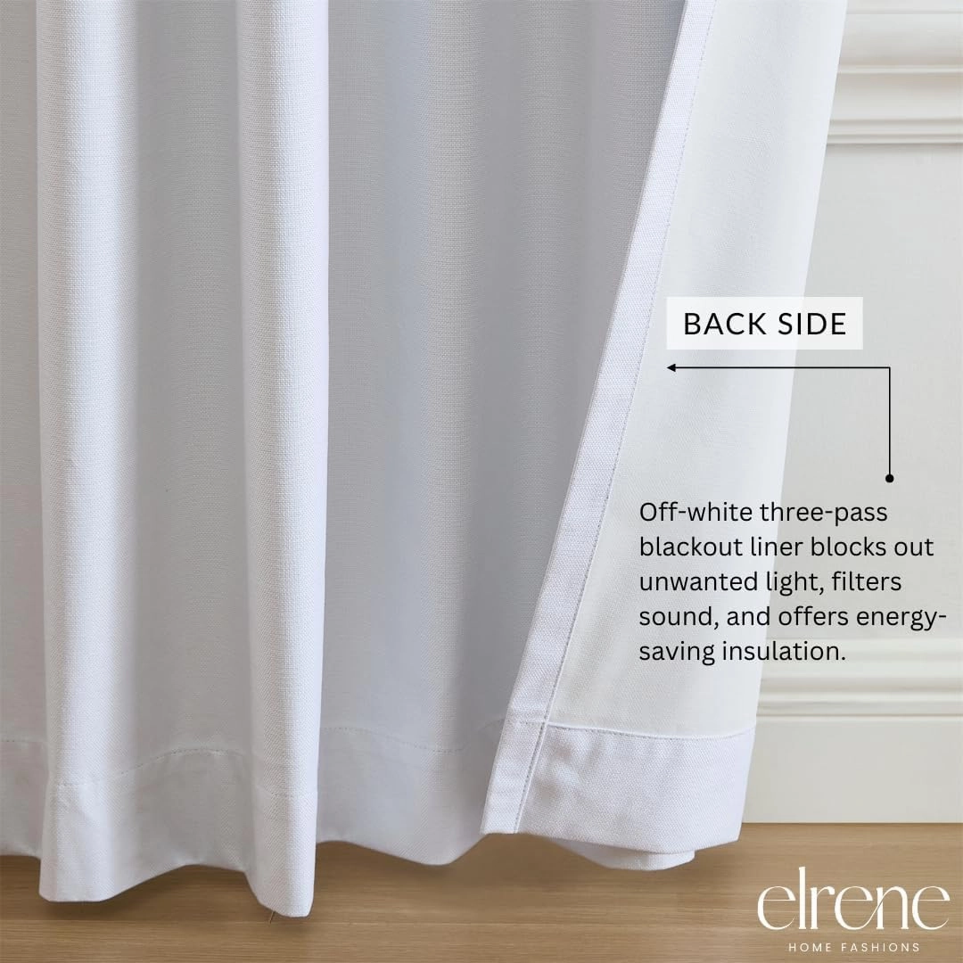 Elrene Home Fashions Solace 100% Max-Blackout Energy Efficient Solid Texture Window Curtain Panel with Rod Pocket/Back Tabs for Living Room/Bedroom/Home Office, 52"x95", White
