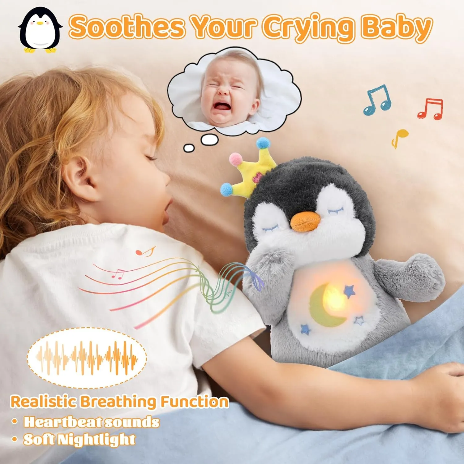 Emoin Breathing Stuffed Animal Penguin Plush, Soothing Breathing Penguin Plush Toy with Lights and Music Penguin Gifts Stuff for Adults and Kids