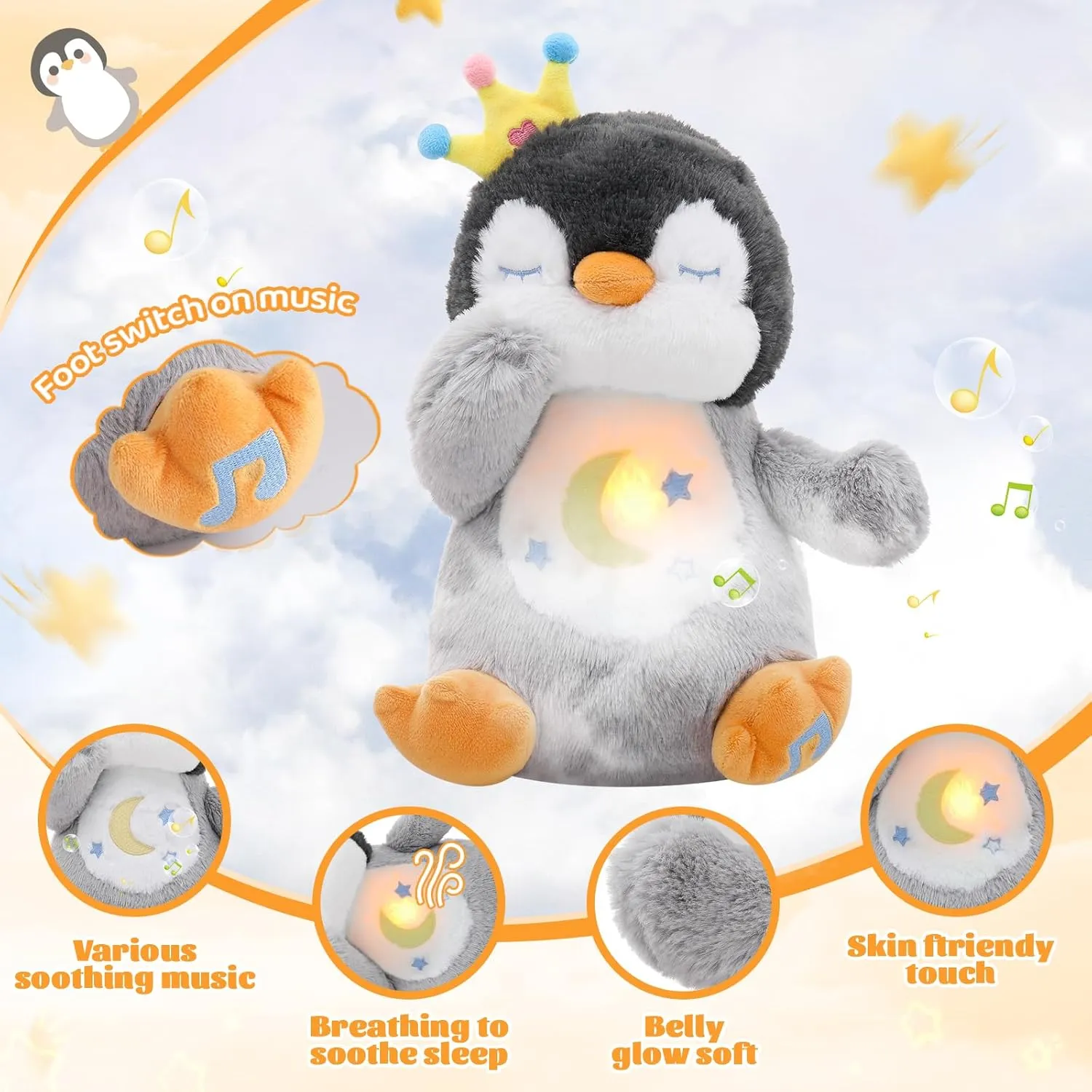 Emoin Breathing Stuffed Animal Penguin Plush, Soothing Breathing Penguin Plush Toy with Lights and Music Penguin Gifts Stuff for Adults and Kids