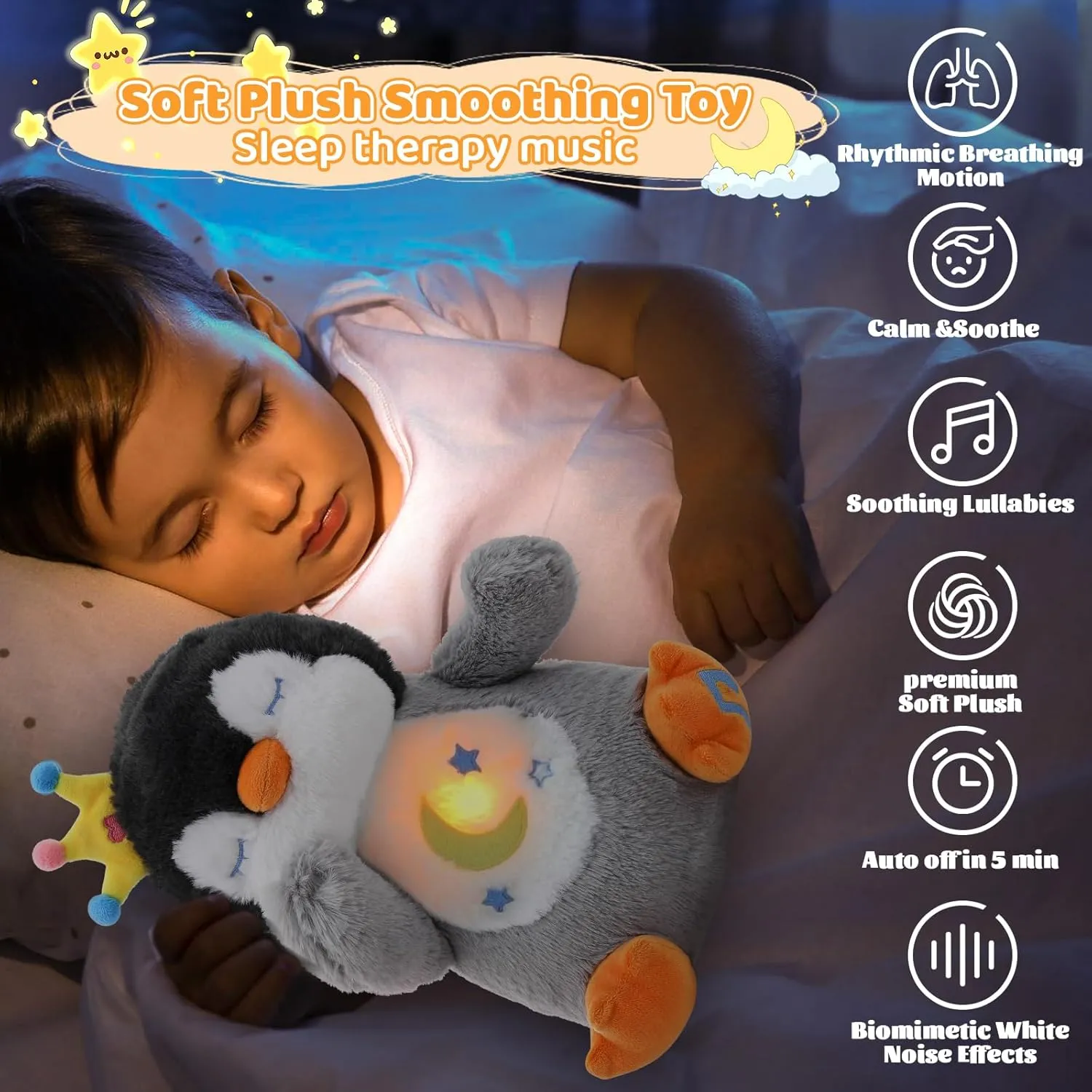 Emoin Breathing Stuffed Animal Penguin Plush, Soothing Breathing Penguin Plush Toy with Lights and Music Penguin Gifts Stuff for Adults and Kids