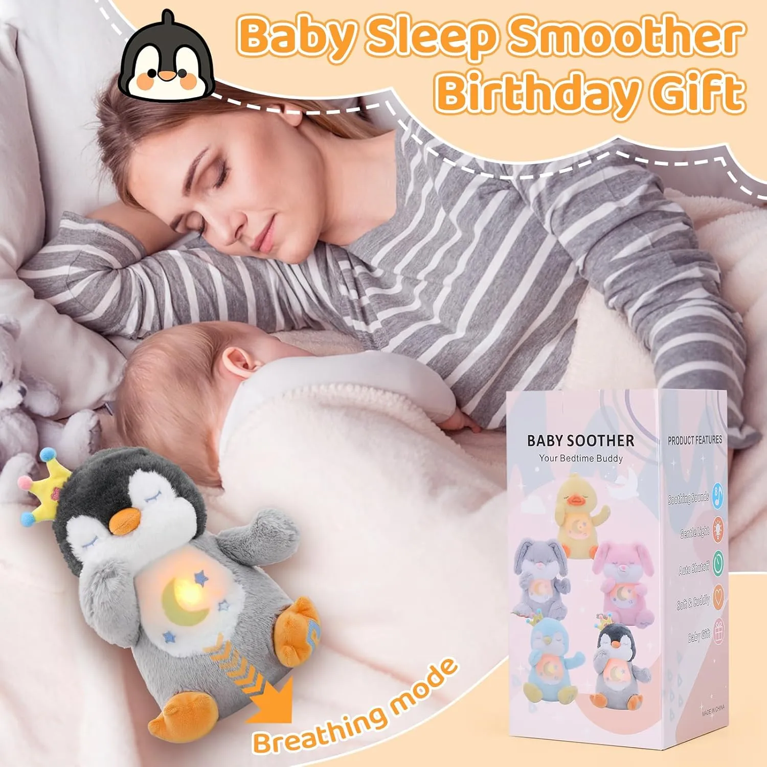 Emoin Breathing Stuffed Animal Penguin Plush, Soothing Breathing Penguin Plush Toy with Lights and Music Penguin Gifts Stuff for Adults and Kids