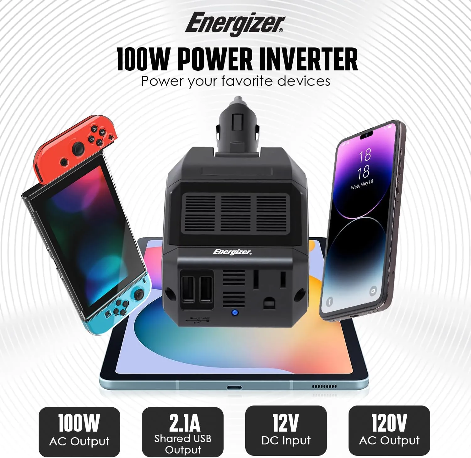 Energizer 100W Power Inverter 12V/110V Car Plug Adapter Outlet Converter w/Dual USB AC Car Charger