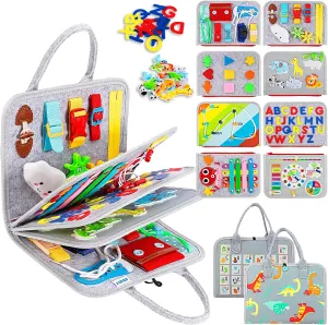 Esjay Toddler Busy Board Montessori Toys, Sensory Board Educational Activities for Learning Fine Motor Skills, Gifts for Girls Boys Toddlers, Travel Toys for Airplane Car,Grey Dinosaur