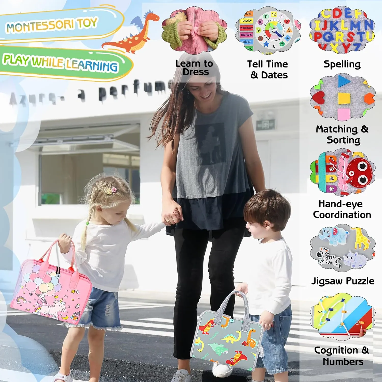 Esjay Toddler Busy Board Montessori Toys, Sensory Board Educational Activities for Learning Fine Motor Skills, Gifts for Girls Boys Toddlers, Travel Toys for Airplane Car,Grey Dinosaur
