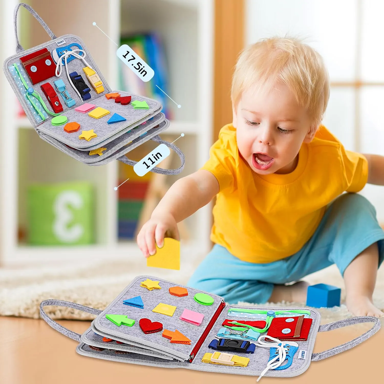 Esjay Toddler Busy Board Montessori Toys, Sensory Board Educational Activities for Learning Fine Motor Skills, Gifts for Girls Boys Toddlers, Travel Toys for Airplane Car,Grey Dinosaur