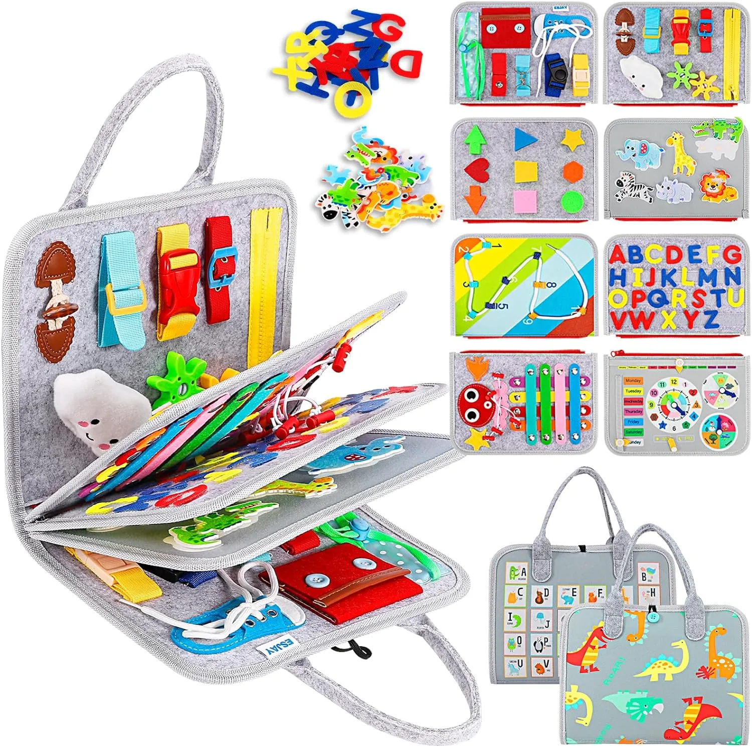 Esjay Toddler Busy Board Montessori Toys, Sensory Board Educational Activities for Learning Fine Motor Skills, Gifts for Girls Boys Toddlers, Travel Toys for Airplane Car,Grey Dinosaur