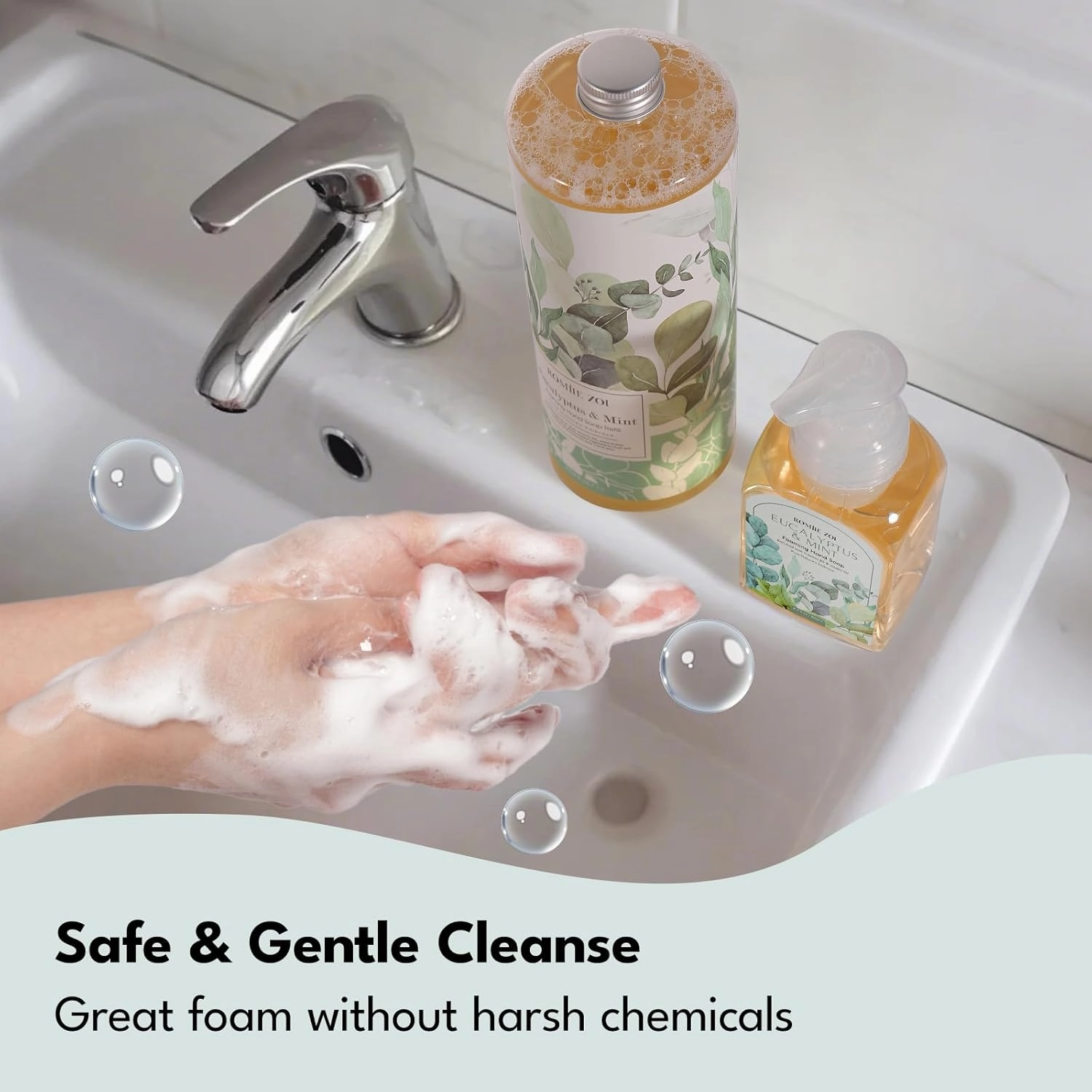 Eucalyptus & Mint Scented Foaming Hand Soap Refill Gift Set - 3 Pack with Dispenser, Non-Toxic and Biodegradable Formula, Moisturizing Essential Oils for Sensitive Skin (33.8 Fl Oz x 3)