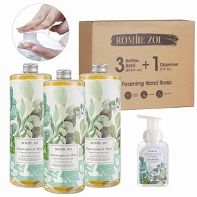 Eucalyptus & Mint Scented Foaming Hand Soap Refill Gift Set - 3 Pack with Dispenser, Non-Toxic and Biodegradable Formula, Moisturizing Essential Oils for Sensitive Skin (33.8 Fl Oz x 3)
